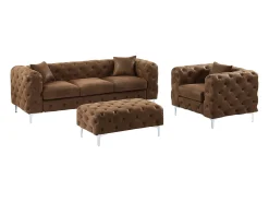 Sofá de 3 lugares, poltrona e pufe chesterfield microfibra aspeto couro envelhecido EDWINA