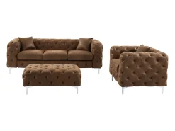 Sofá de 3 lugares, poltrona e pufe chesterfield microfibra aspeto couro envelhecido EDWINA