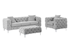 Sofá de 3 lugares, poltrona e pufe chesterfield veludo cinza-claro EDWINA