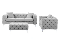 Sofá de 3 lugares, poltrona e pufe chesterfield veludo cinza-claro EDWINA