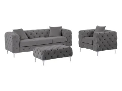 Sofá de 3 lugares, poltrona e pufe chesterfield veludo antracite EDWINA