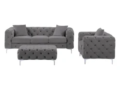 Sofá de 3 lugares, poltrona e pufe chesterfield veludo antracite EDWINA