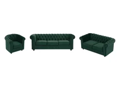 Sofá de 3 lugares, sofá de 2 lugares e poltrona veludo verde CHESTERFIELD