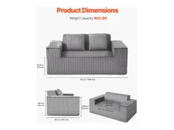 Sofá de 2 Lugares SucceBuy 160cm, Sofá Moderno em Veludo Cotelê com Molas Encapotadas, Almofadas Confortáveis para Sala, Escritório ou Apartamento, Cinza