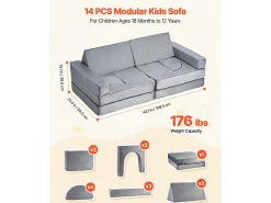 Sofá de Brinquedo Modular SucceBuy para Crianças Componente 14PCs, Sofá Seccional Convertível, com Apoios de Braço, em Esponja 28D e Pelo Curto, Sofá Bebê