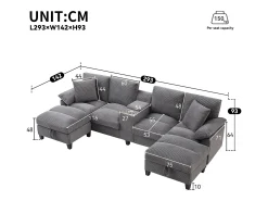 Sofá de canto 4 lugares em forma de U - com espaço de armazenamento - porta-copos incluído - 2 portas USB - cinza