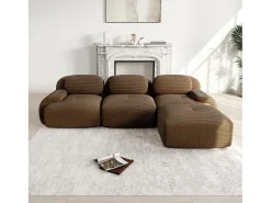 Sofá de canto 3 lugares modular - em Veludo cotelê - com 3 almofadas e puff - 298x178x70cm - Marrom