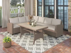 Sofá de Canto + Mesa em Rattan PE Marrom. Móveis de Jardim e Exterior, 237cm