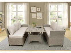 Sofá de Canto + Mesa em Rattan PE Marrom. Móveis de Jardim e Exterior, 237cm