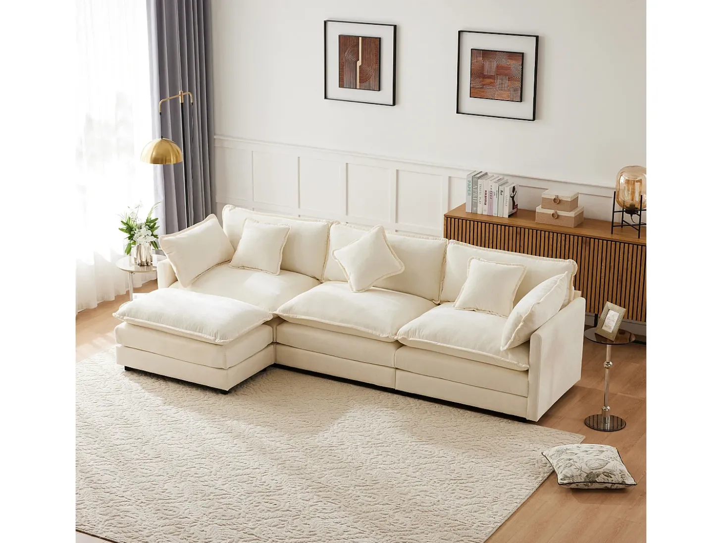 Sofá de canto chenille de 3 lugares - com apoio para os pés modular - Bege
