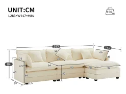 Sofá de canto chenille de 3 lugares - com apoio para os pés modular - Bege