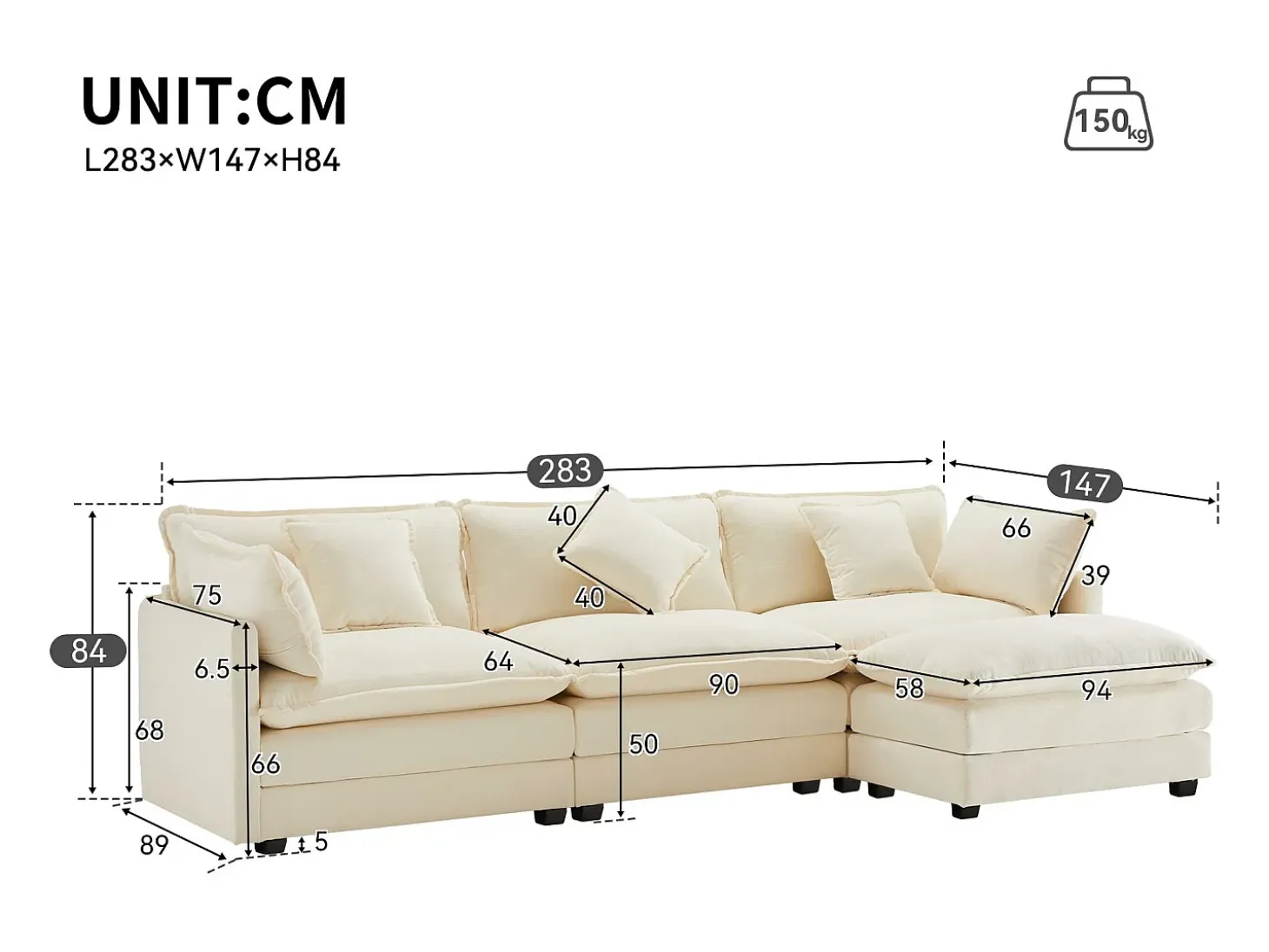 Sofá de canto chenille de 3 lugares - com apoio para os pés modular - Bege