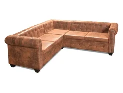 Sofá de canto Chesterfield 5 lugares couro artificial castanho