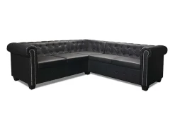 Sofá de canto Chesterfield 5 lugares couro artificial preto