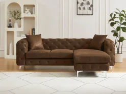 Sofá de canto chesterfield reversível em microfibra com aspecto de couro envelhecido marrom EDWINA