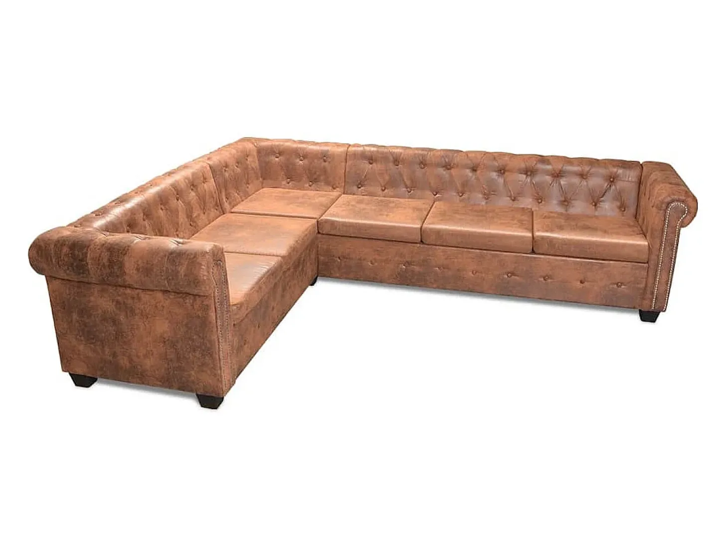 Sofá de canto Chesterfield 6 lugares couro artificial castanho