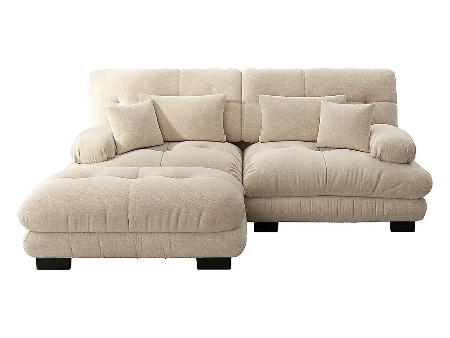 Sofá de canto Cloud, chenille, dois lugares, com 2 almofadas lombares e 2 almofadas decorativas, braços largos e apoio para os pés, bege