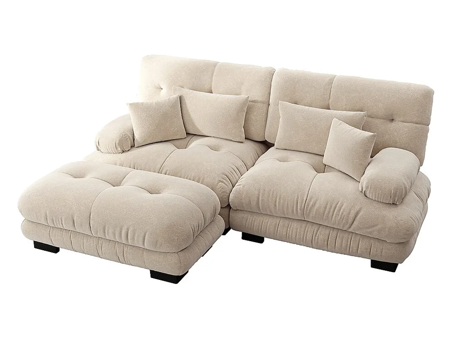 Sofá de canto Cloud, chenille, dois lugares, com 2 almofadas lombares e 2 almofadas decorativas, braços largos e apoio para os pés, bege