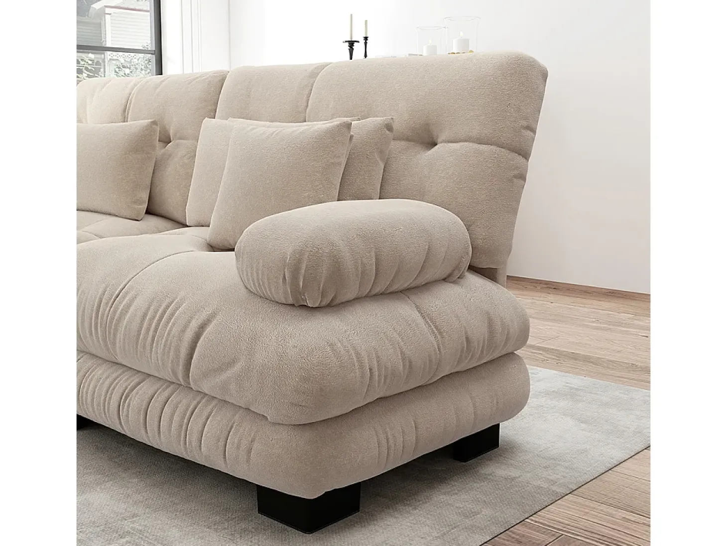 Sofá de canto Cloud, chenille, dois lugares, com 2 almofadas lombares e 2 almofadas decorativas, braços largos e apoio para os pés, bege