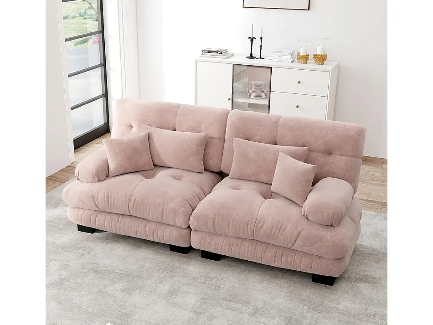 Sofá de canto Cloud, chenille, com 2 almofadas lombares e 2 almofadas decorativas, estrutura em madeira maciça, rosa