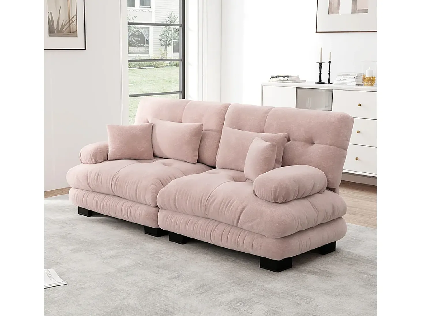 Sofá de canto Cloud, chenille, com 2 almofadas lombares e 2 almofadas decorativas, estrutura em madeira maciça, rosa
