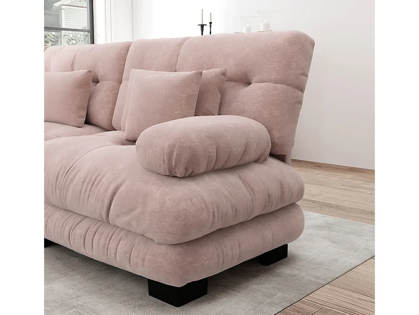 Sofá de canto Cloud, chenille, com 2 almofadas lombares e 2 almofadas decorativas, estrutura em madeira maciça, rosa