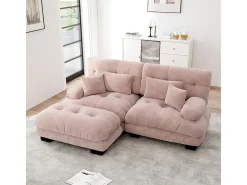 Sofá de canto Cloud, chenille, dois lugares, com 2 almofadas lombares e 2 almofadas decorativas, braços largos e apoio para os pés, rosa
