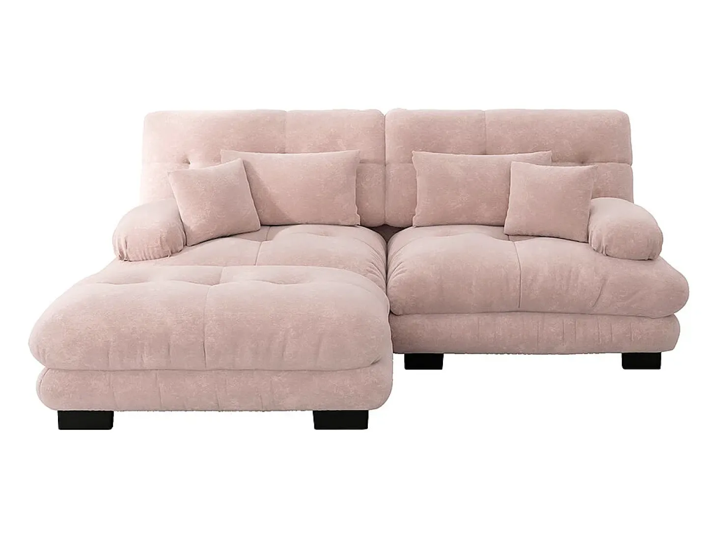 Sofá de canto Cloud, chenille, dois lugares, com 2 almofadas lombares e 2 almofadas decorativas, braços largos e apoio para os pés, rosa