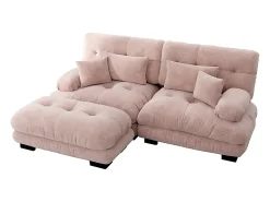 Sofá de canto Cloud, chenille, dois lugares, com 2 almofadas lombares e 2 almofadas decorativas, braços largos e apoio para os pés, rosa