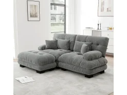 Sofá de canto Cloud, chenille, dois lugares, com 2 almofadas lombares e 2 almofadas decorativas, braços largos e apoio para os pés, cinzento