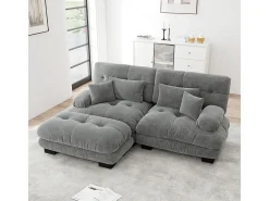 Sofá de canto Cloud, chenille, dois lugares, com 2 almofadas lombares e 2 almofadas decorativas, braços largos e apoio para os pés, cinzento