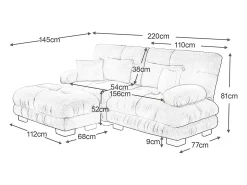 Sofá de canto Cloud, chenille, dois lugares, com 2 almofadas lombares e 2 almofadas decorativas, braços largos e apoio para os pés, cinzento