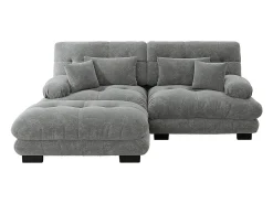 Sofá de canto Cloud, chenille, dois lugares, com 2 almofadas lombares e 2 almofadas decorativas, braços largos e apoio para os pés, cinzento