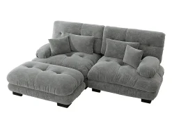 Sofá de canto Cloud, chenille, dois lugares, com 2 almofadas lombares e 2 almofadas decorativas, braços largos e apoio para os pés, cinzento