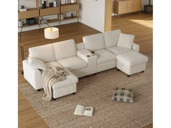 Sofá de canto com 2 apoios para os pés com arrumação + 2 porta-copos + 1 porta USB e tomadas - 315 x 135 x 81 cm - veludo - bege