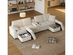 Sofá de canto com 2 apoios para os pés com arrumação + 2 porta-copos + 1 porta USB e tomadas - 315 x 135 x 81 cm - veludo - bege