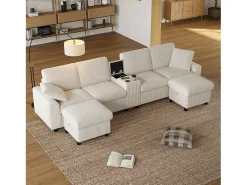 Sofá de canto com 2 apoios para os pés com arrumação + 2 porta-copos + 1 porta USB e tomadas - 315 x 135 x 81 cm - veludo - bege