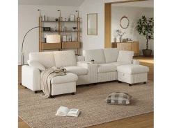Sofá de canto com 2 apoios para os pés com arrumação + 2 porta-copos + 1 porta USB e tomadas - 315 x 135 x 81 cm - veludo - bege