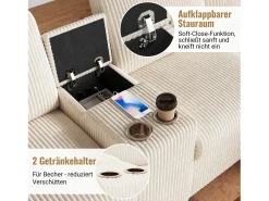 Sofá de canto com 2 apoios para os pés com arrumação + 2 porta-copos + 1 porta USB e tomadas - 315 x 135 x 81 cm - veludo - bege
