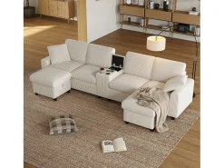 Sofá de canto com 2 apoios para os pés com arrumação + 2 porta-copos + 1 porta USB e tomadas - 315 x 135 x 81 cm - veludo - bege
