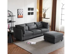 Sofá de canto de 3-4 lugares, mobiliário estofado em forma de L, tecido de linho, 220x83x81cm, cinzento