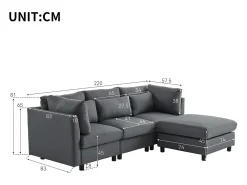 Sofá de canto de 3-4 lugares, mobiliário estofado em forma de L, tecido de linho, 220x83x81cm, cinzento