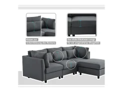 Sofá de canto de 3-4 lugares, mobiliário estofado em forma de L, tecido de linho, 220x83x81cm, cinzento