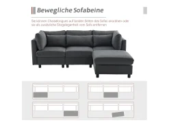 Sofá de canto de 3-4 lugares, mobiliário estofado em forma de L, tecido de linho, 220x83x81cm, cinzento