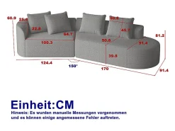Sofá de Canto Direito Moderno Superdimensionado 4 Lugares, com 4 Almofadas, Chaise Longue Curva, Tecido Chenille, Cinza Claro