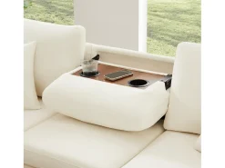 Sofá de canto em chenille - con función de dormir - con USB, Type-C e lâmpada de leitura - encosto dobrável con dois porta-copos - con banco - Bege