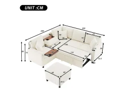 Sofá de canto em chenille - con función de dormir - con USB, Type-C e lâmpada de leitura - encosto dobrável con dois porta-copos - con banco - Bege