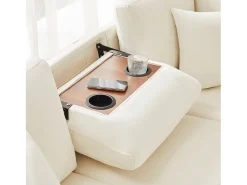 Sofá de canto em chenille - con función de dormir - con USB, Type-C e lâmpada de leitura - encosto dobrável con dois porta-copos - con banco - Bege