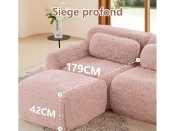 Sofá de Canto Modular 2 lugares em tecido peluche, com puff e 2 almofadas, 204x179x73cm, Rosa