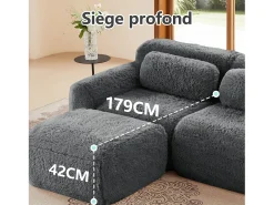 Sofá de Canto Modular 3 lugares em tecido peluche, com puff e 3 almofadas, 291x179x73cm, Cinza